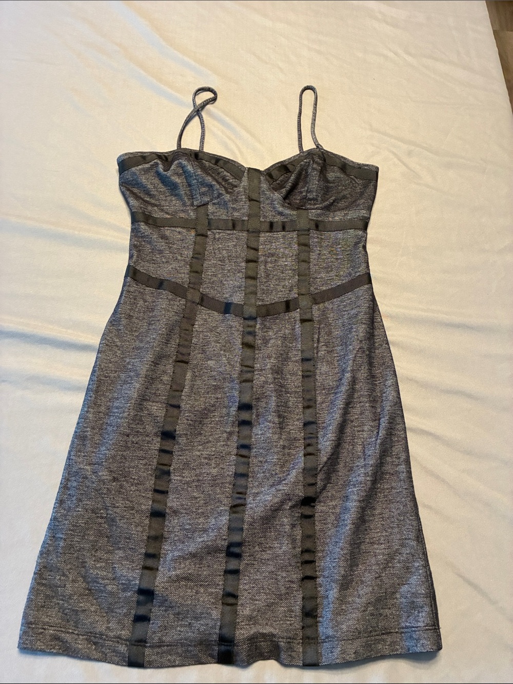 Velvet Torch Charcoal Grey Mini Dress with Black Ribbon Stripes